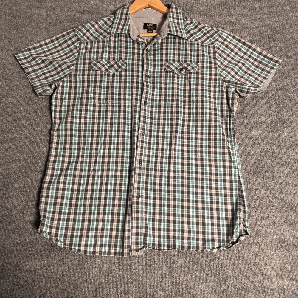 Lee Mens Plaid Short Sleeve Button Down Western Shirt Teal Black Large